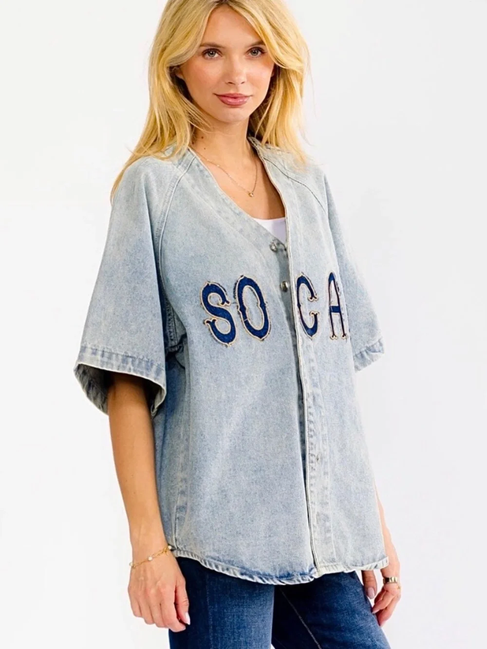 SO CAL Denim Short Sleeve Jean Jacket Shirt Medium-Wash Size Small - Picture 5 of 8